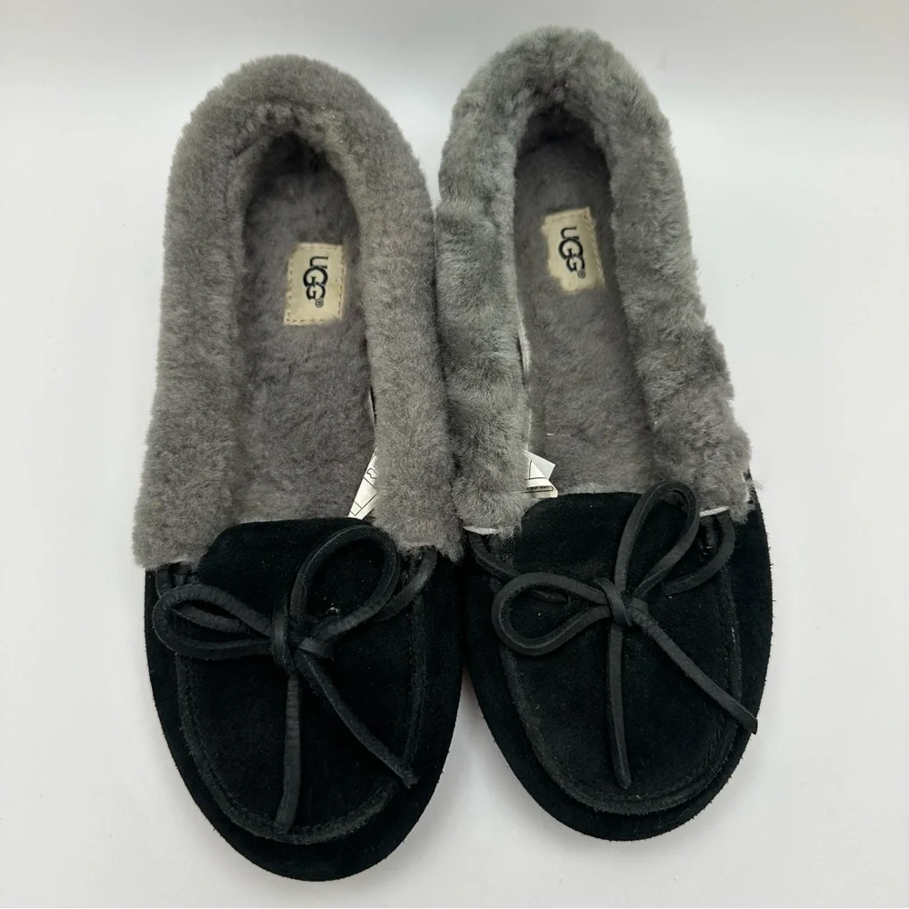 UGG Women Gray Black Shearling Lined Flat Slippers Solana Loafer 1020041 US 7